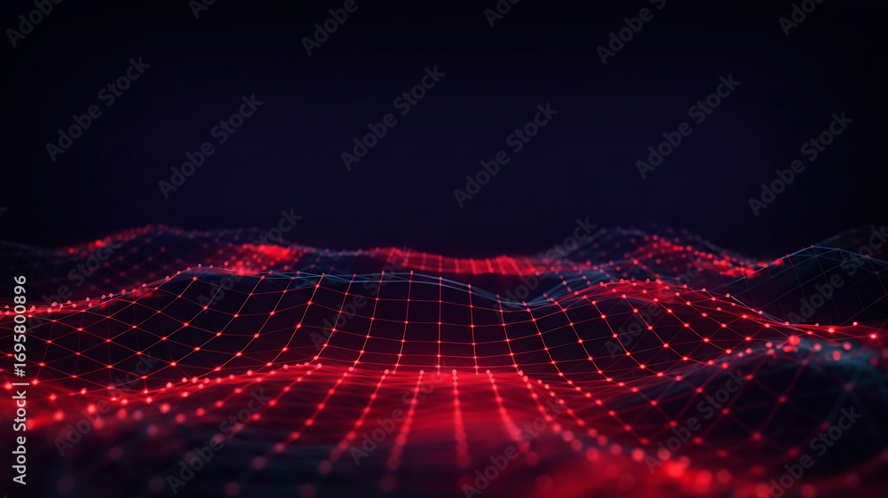 Poster abstract futuristic digital landscape with glowing red data points and interconnected lines on a dar