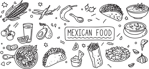 Mexican food doodle set, taco doodle sketch, burrito doodle clipart, nachos doodle vector, salsa doodle illustration, Mexican dish doodles, cartoon food doodle pack, doodle spicy food icons, hand draw