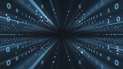 Abstract digital data stream flowing through a futuristic technological network with glowing binary code and light streaks