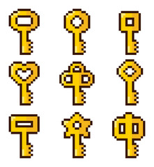 Obraz premium 8-bit pixel art RPG game style key item set for retro fantasy adventure role playing game treasure chest and dungeon assets