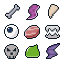 Fototapeta premium 8-bit pixel art RPG game style monster drop item set including bone, tentacle, fang, claw, eyeball, meat, skull, slime, and bat wing for retro fantasy adventure role playing game loot assets