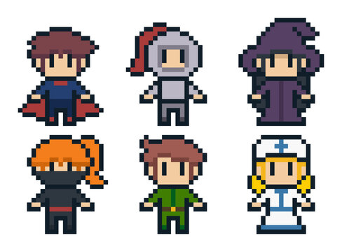 8-bit pixel art RPG game style player character sprite set including warrior, knight, mage, rogue ninja, archer, and healer for retro fantasy adventure role playing game assets