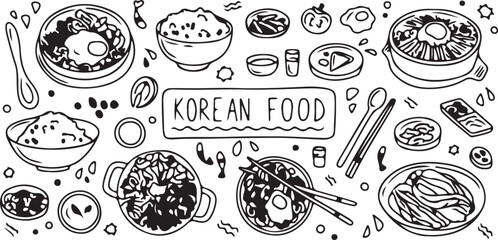 Korean food doodle set, kimchi doodle sketch, bibimbap doodle vector, Asian cuisine doodles, noodle doodle clipart, hand drawn Korean food, doodle food icons, Asian doodle art, doodle ramen sketch, st