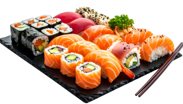 Realistic photo of assorted fresh sushi platter with salmon, tuna, and avocado rolls isolated on white background, perfect Japanese food concept.