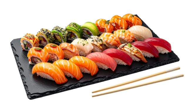 Realistic photo of assorted fresh sushi platter with salmon, tuna, and avocado rolls isolated on white background, perfect Japanese food concept.