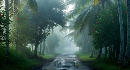 Misty Tropical Road, Lush Green Foliage.