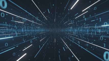 Abstract digital tunnel with glowing binary code streams and light streaks creating a sense of fast data transfer