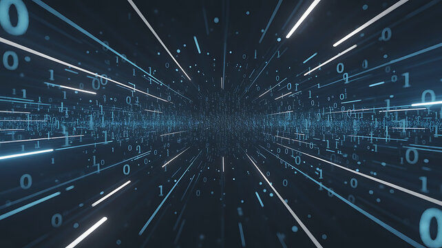 Abstract digital tunnel with glowing binary code streams and light streaks creating a sense of fast data transfer