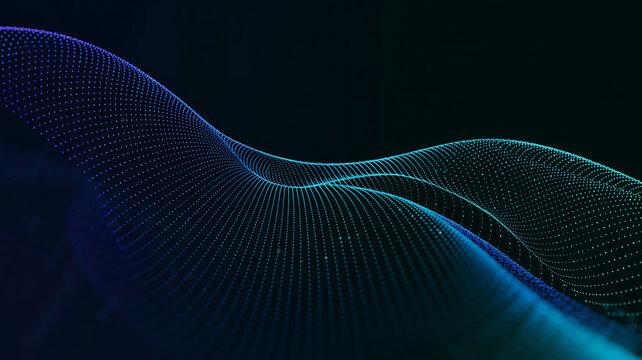Abstract flowing wave of luminous blue and green particles against a dark background