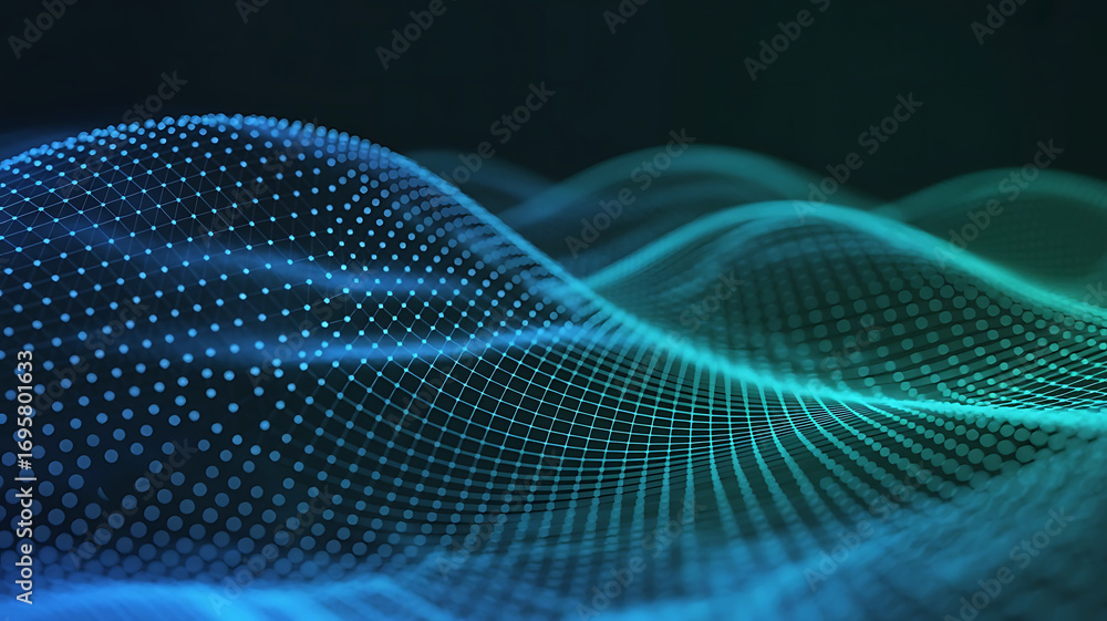 Poster abstract glowing blue and green digital wave patterns created by a network of tiny dots on a dark ba