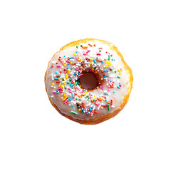 A delicious donut topped with white frosting and colorful sprinkles