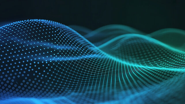 Abstract glowing blue and green digital wave patterns created by a network of tiny dots on a dark background - Powered by Adobe