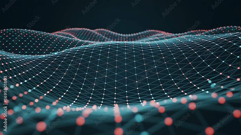 Poster abstract digital network grid with glowing nodes and connections creating a futuristic wavy landscap