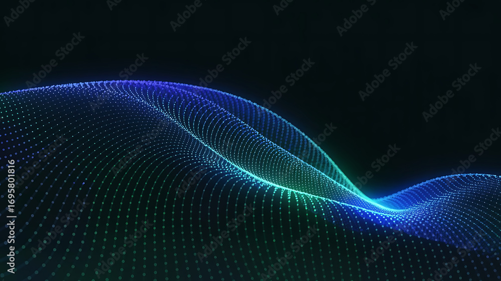 Poster abstract flowing digital wave of blue and green light particles on a dark background representing te