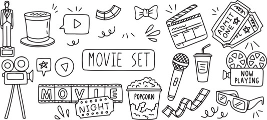Movie doodle set, cinema clipart icons, popcorn doodles, film sketch vector, theater doodles, entertainment elements, movie reel sketch, ticket doodle icons, screen play art, cinema outline vector, ha