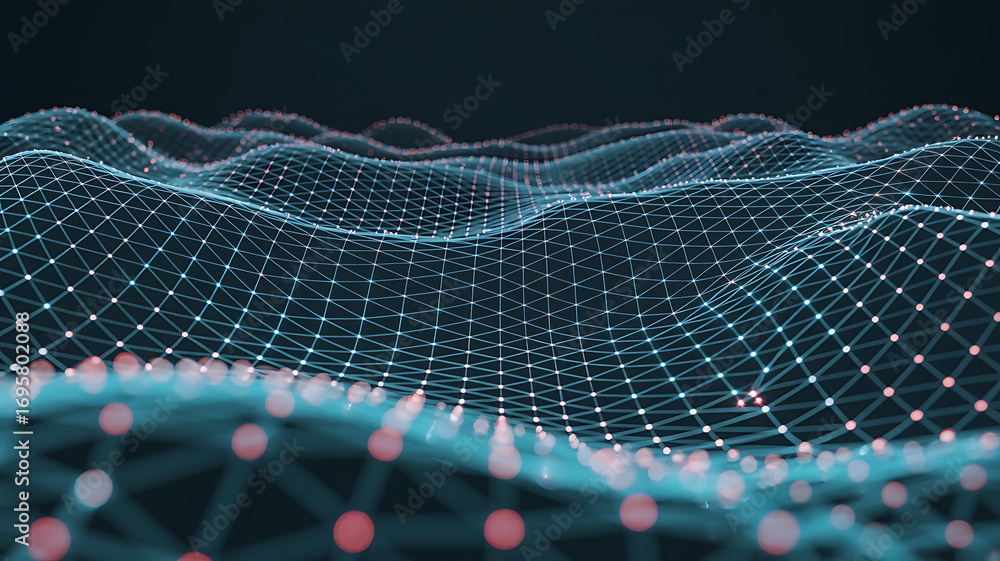 Poster abstract digital network of glowing interconnected nodes forming a futuristic undulating landscape o