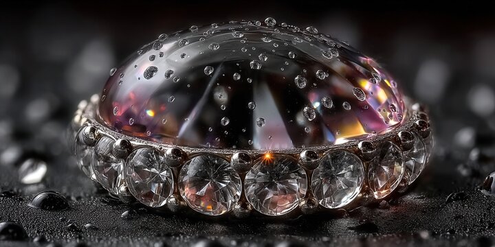 A stunning diamond ring glistens with water droplets, showcasing exquisite detail and luxury.