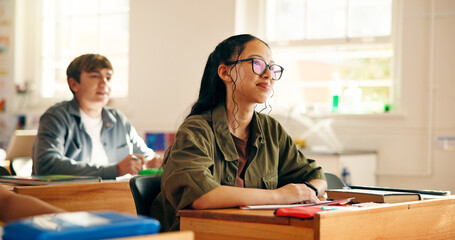 High school students, girl or attention in lesson for coursework knowledge, development or...