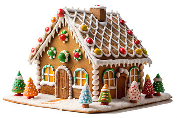 Homemade gingerbread house decorated with white snowy conifer forest scene, model fir trees, icing sugar snow, on transparent background