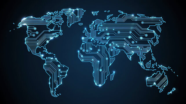 Abstract digital world map formed by glowing blue circuit board lines on a dark background