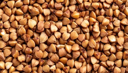Fototapeta premium Buckwheat groats close fill gentle contrast wallpaper background representing natural food grain texture suitable for clean packaging and culinary design
