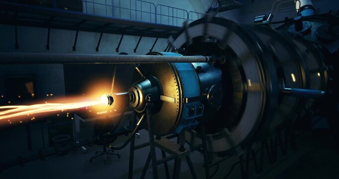 In a dynamic laboratory environment, scientists observe the intricate workings of a particle accelerator, revealing stunning visual effects and demonstrating advanced technology in action.