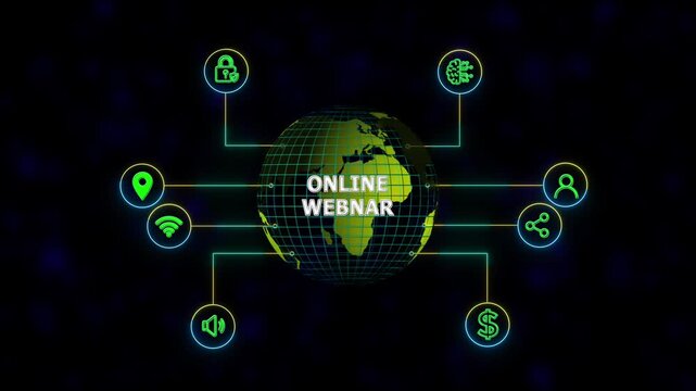 Webinar e-learning. Training concept ,new business concept ,tee icon attached around the map features the concept of network and technology confirmed. the map is rotating ,specify all icons