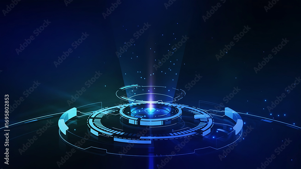 Poster futuristic glowing blue and green holographic interface with digital data streams and light beams on