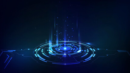 Futuristic glowing blue digital interface with concentric circles and light beams against a dark background
