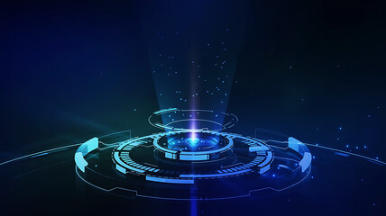 Futuristic glowing blue and green holographic interface with digital data streams and light beams on a dark background