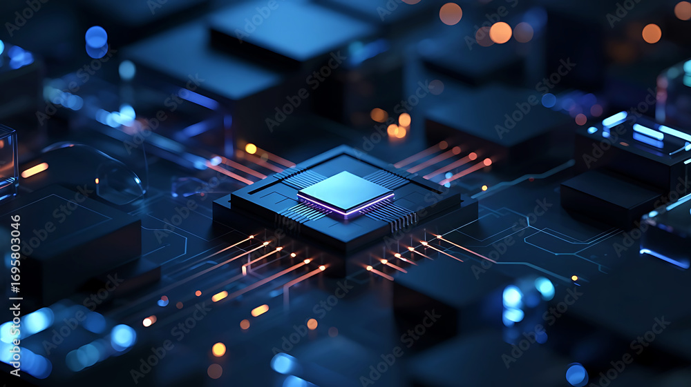 Aufkleber close up of a glowing central computer processor chip with intricate circuitry and blue and orange d