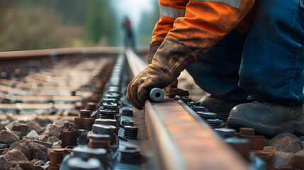 A worker in safety gear tightening bolts on a railroad track with another worker in the background