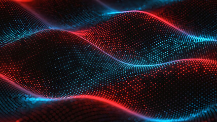 Fototapeta premium Abstract flowing digital wave pattern of glowing red and blue particles on a dark background