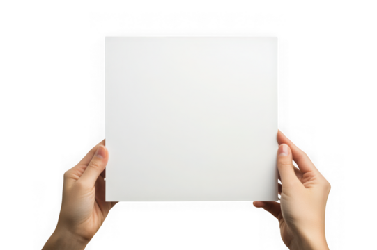 Two hands holding a blank white A4 paper sheet isolated on a transparent background image - Powered by Adobe