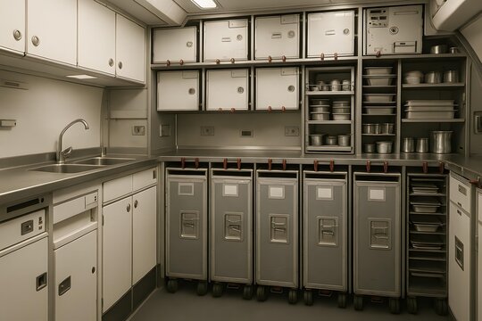 Airplane Galley Interior with Catering Equipment and Storage