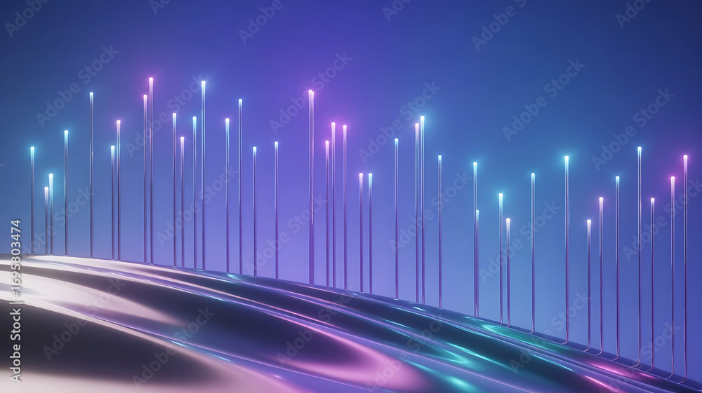Poster abstract futuristic digital network with glowing neon light streams rising from a metallic surface