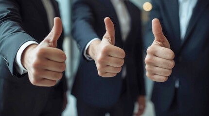 An ultra-realistic, eye-level, close-up shot of three professional men in dark suits, their hands raised with thumbs up in a gesture of approval, success, and agreement.