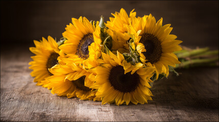 Sunflower bouquet bathed in golden morning light on a rustic wooden surface, radiating natural vibrancy.