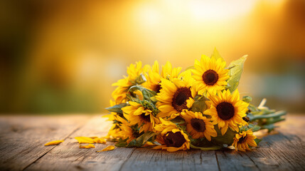 Sunflower bouquet bathed in golden morning light on a rustic wooden surface, radiating natural vibrancy.