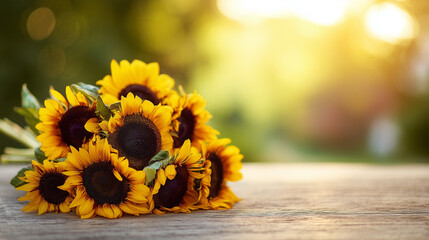 Sunflower bouquet bathed in golden morning light on a rustic wooden surface, radiating natural vibrancy.