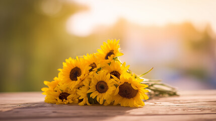 Sunflower bouquet bathed in golden morning light on a rustic wooden surface, radiating natural vibrancy.