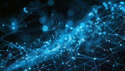 Obraz premium Abstract blue network connections with glowing dots and lines on a dark background, creating a digital atmosphere