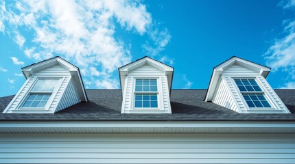 The image focuses on three symmetrical dormer windows with white frames and black shutters, set against a dark gray shingled roof.
