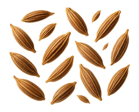 Whole cumin seeds with a brown, elongated shape