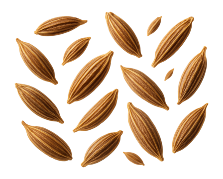 Whole cumin seeds with a brown, elongated shape