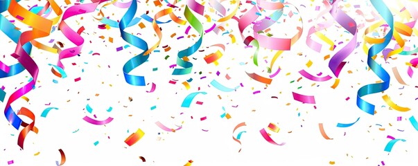 Colorful streamers and confetti falling against a white background, perfect for celebration themes