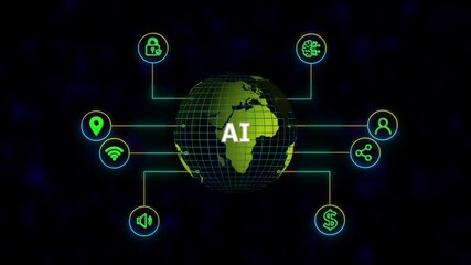 AI Learning and Artificial Intelligence Concept ,new business concept ,tee icon attached around the map features the concept of network and technology confirmed. the map is rotating ,specify all icons - Powered by Adobe