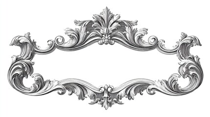 An ornate, silver-toned, rectangular frame with elaborate, swirling, acanthus-leaf motifs and a central, decorative crest.  The design is highly detailed and 