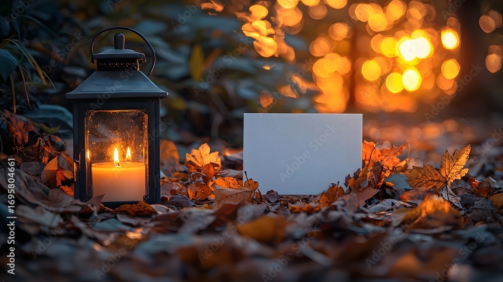 Poster a lantern with a lit candle rests on autumn leaves next to a blank card with warm bokeh lights in th