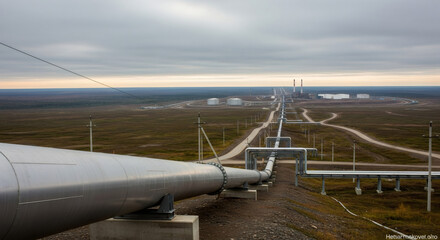 Oil pipeline with large valves and a signboard with russian text, industry infrastructure for energy transportation.